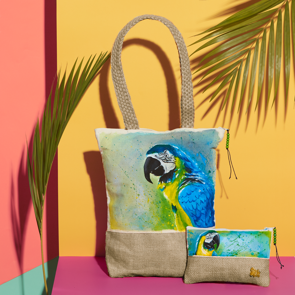 Macaw Hand Painted Tote Bag And Pouch