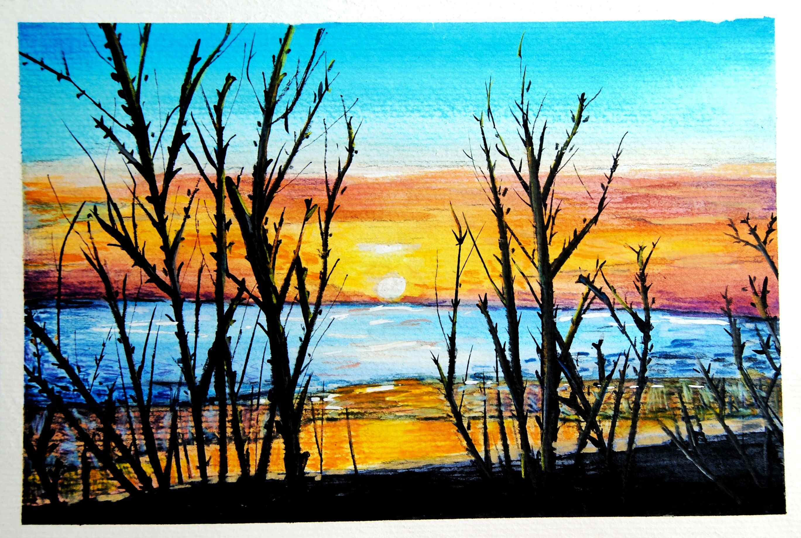 Download Original Sunset Beach Landscape Watercolor Illustration Summer Home Decor Wall Art Painting Orange Blue