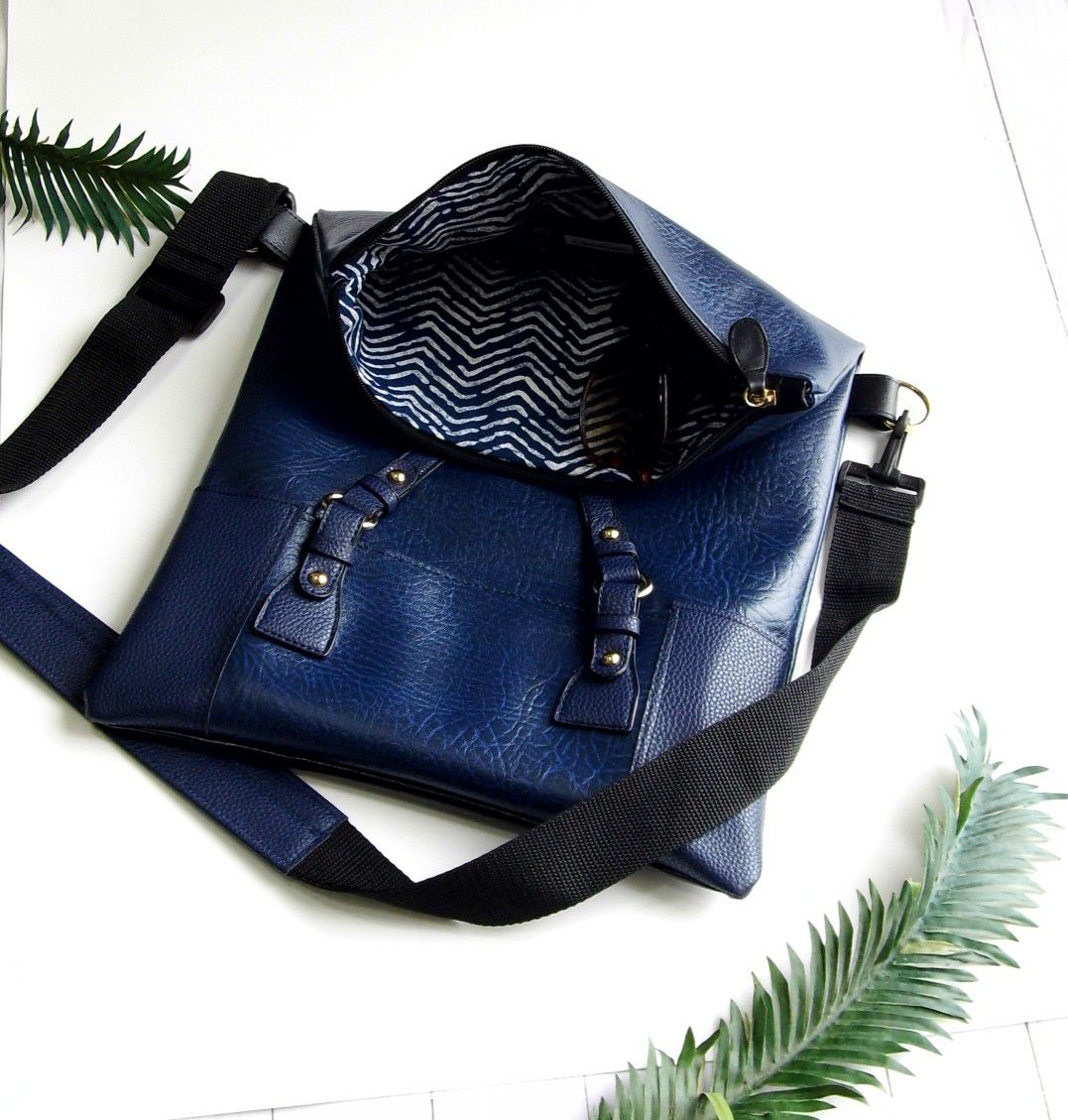 Vegan Crossbody Bag, Blue Crossbody Bag, Foldover Bag, Vegan Leather Shoulder Bag, Faux Leather ...