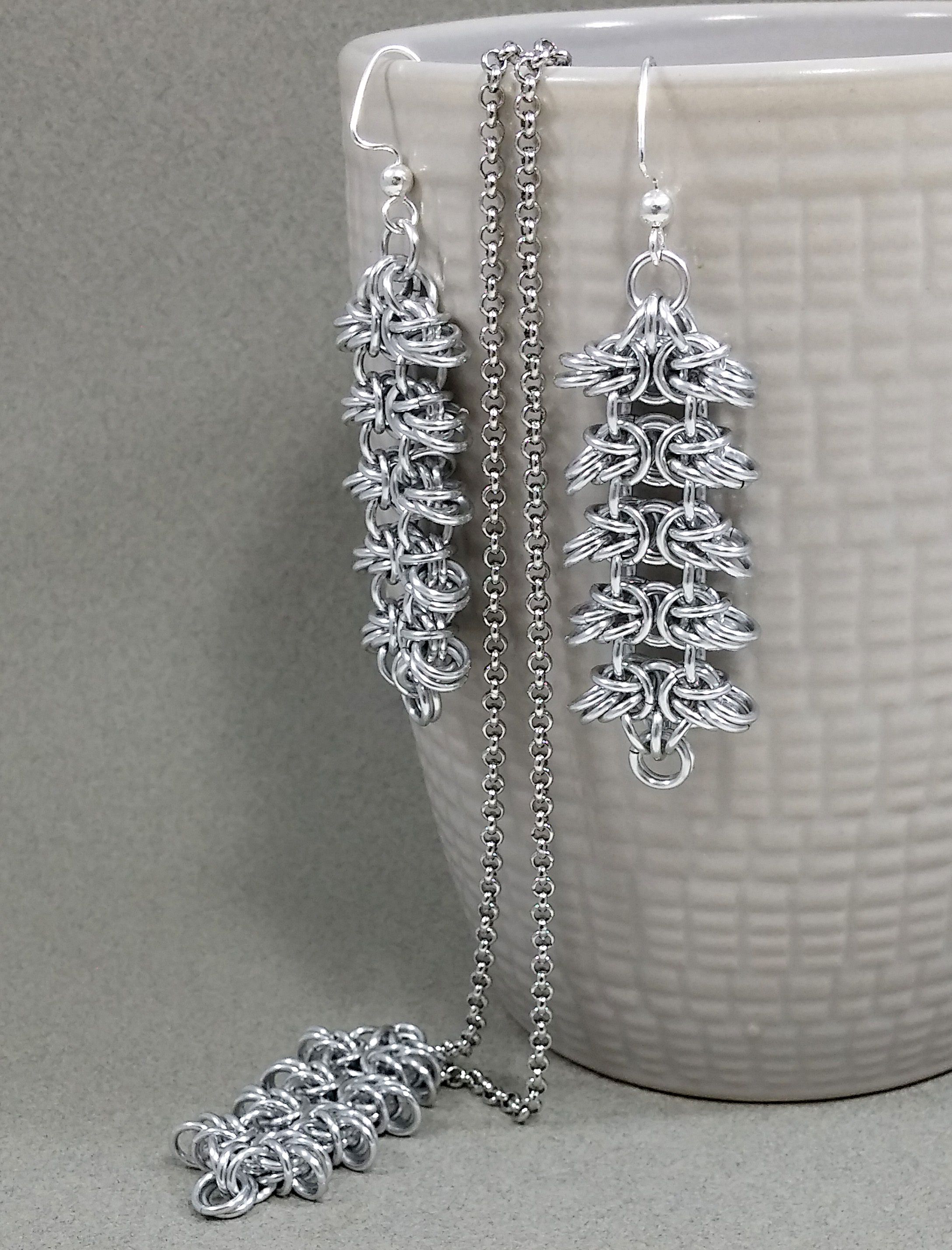 Earrings And Necklace Silver Aluminium Chain Mail Jewelry Set - 