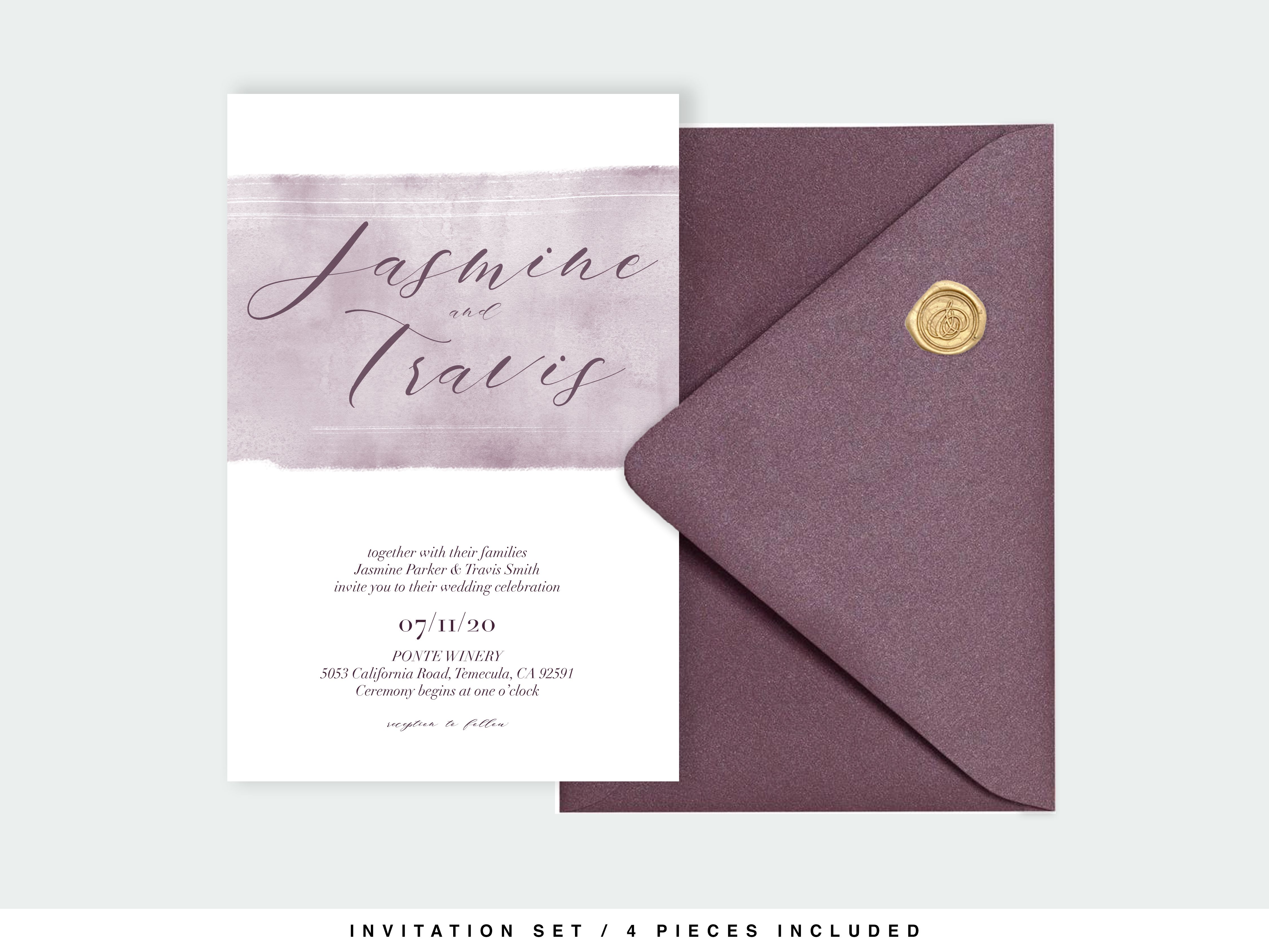 Purple Watercolor Wedding Invitation Suite, Template