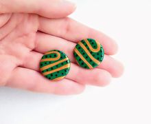Green striped studs, green and gold studs, round studs, large studs, massive studs, lightweight studs, minimalist studs, everyday studs
