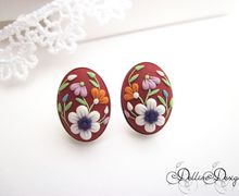 Midday * Unique Polymer Clay Earrings * Sterling Silver Stud Earrings * Floral Filigree Earrings * Spring Earrings * Applique * Red