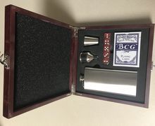 red wood flask box with cards and dice