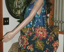 ON SALE Navy Blue Home Decor Fabric w/Flowers Tote with Clip On Eye Glass Case