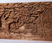 Orchard wood relief, handmade carving, basswood sculpture, mahogany/walnut