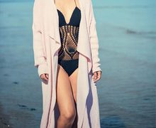 Open front knit maxi cardigan in tender pink in boho style