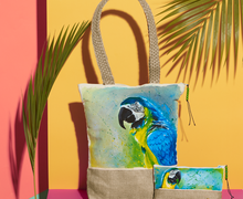 Macaw Hand Painted Tote Bag and Pouch