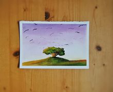 Soft color landscape. Watercolor Illustration. Tree and birds sketch. Home Decor. Nursery. Baby Room