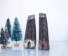 City buildings raku pottery, Art Black Raku fired Ceramic houses Handmade Unique Ceramics Architectural Home decor, black and copper