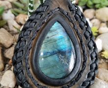 Handcrafted Leather Necklace with Labradorite Cabochon