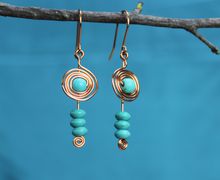 Copper wire and bead earrings with spirals, fishhook, dangle