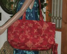 ON SALE Large Red and Gold Floral Design Home Decor Fabric Shopping Tote w/Matching Clip On Eye Glass Case