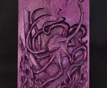 Octopus wood relief, handmade carving, basswood sculpture, purple