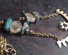 Brass flower on a half circle pendant,gemstone necklace,citrine,turquise gemstones on the chains,boho necklace,metal jewelry