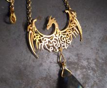 Dragon Necklace with Labradorite Stone,Goldplated Brass Dragon Pendant