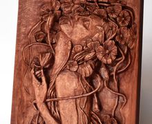 Nixie wood relief, handmade carving, basswood sculpture, mahogany wine