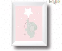 White star, elephant , Playroom print, nursery print, girls, wall art, playroom poster, instant digital download,children wall art