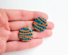 Big round blue studs, striped studs, dotty studs, orange stripes, circle studs, large studs, funky studs, 80s style studs, blue and orange