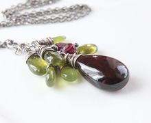 Garnet Necklace Oxidized Silver Cluster Pendant January Birthstone