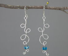 Silver plated wire and bead earrings, wirework, curly cues