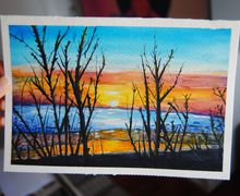 Original Sunset Beach Landscape Watercolor Illustration. Summer. Home Decor. Wall Art. Painting. Orange. Blue