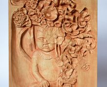 Wild Garden wood relief, handmade carving, basswood sculpture, peach/orange
