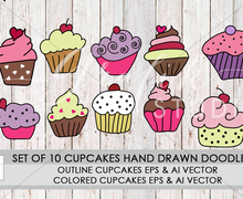 Set Of 10 Hand Drawn Cupcakes Doodle Vector