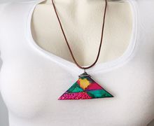 Polymer Clay Triangle Pendant Necklace, Handpainted Necklace, Vibrant Jewelry