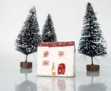 Little clay house with golden details, Christmas home decor, Handmade Red Ceramic House