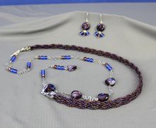 Purple lariat necklace and earring set, glass beads, silver plated wirework