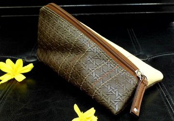 Brown Vegan Leather Makeup Bag, Vegan Pouch, Small Triangle Cosmetic Pouch, Mini Toiletry Travel Bag, Sunglasses Case