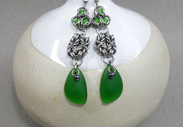 Chainmail Green Sea Glass & Captive Czech beads Earrings
