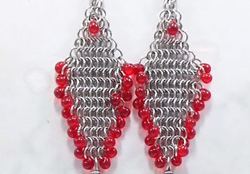 Chainmail European 4-1 weave , Red Coral & Drop Japanese Glass Earrings