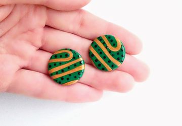 Green striped studs, green and gold studs, round studs, large studs, massive studs, lightweight studs, minimalist studs, everyday studs