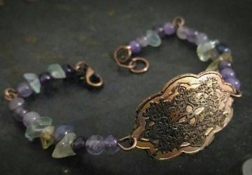 Copper vintage engraved bracelet,gemstone bracelet,antiquated cameo bracelet with amethyst,pink quartz,citrine gemstones