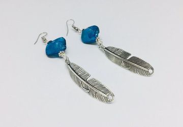 Silver Feather Turquoise Earring Hippie Boho Statement Earrings Birthday gift for her