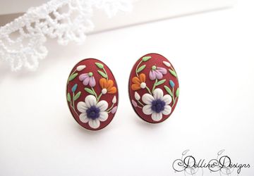 Midday * Unique Polymer Clay Earrings * Sterling Silver Stud Earrings * Floral Filigree Earrings * Spring Earrings * Applique * Red