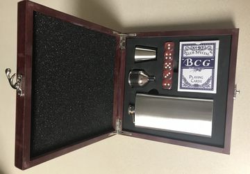 red wood flask box with cards and dice