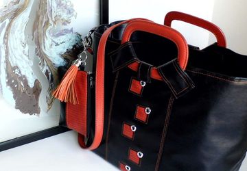 Vegan leather tote, Black and orange tote bag, Oversized bag, Overnight faux leather tote, Womens bags, Weekender bag, Handmade tote bag