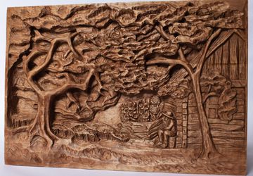 Orchard wood relief, handmade carving, basswood sculpture, mahogany/walnut
