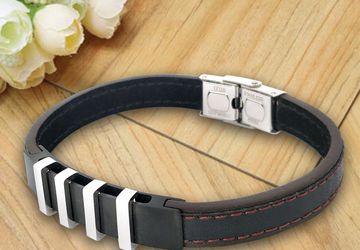 Mens Bracelet Stainless Steel with Black Cowhide Leather Wristband, Wrist Cuff Bangle with Fold Over Clasp Black, Bracelet for men 8.5 inch