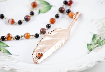 Feather Pendant with Carnelian on Rosary Style Chain