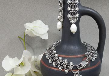 White Pearl& Japanese Glass Stainless Steel Chainmail Jewelry SET