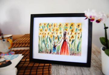 Original Sunflowers field mom and daughter watercolor illustration. Nursery Room. Baby room decor. Wall Art