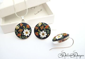 Sunshine * Unique Polymer Clay Set * Sterling Silver Earrings and Pendant * Floral Filigree Set * Spring Jewelry * Applique * Floral
