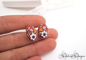 Midday * Unique Polymer Clay Earrings * Sterling Silver Stud Earrings * Floral Filigree Earrings * Spring Earrings * Applique * Red