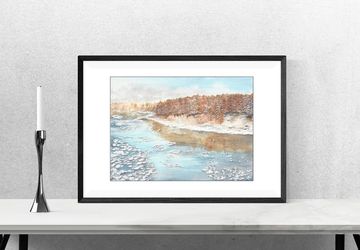 Winter landscape painting, snow river art, winter wall art