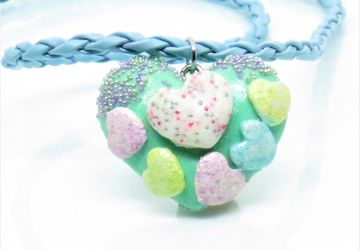 Cute pastel Heart pendant with small hearts applique Handmade with polymer clay with faux leather cord, Kawaii Mint Heart charm necklace