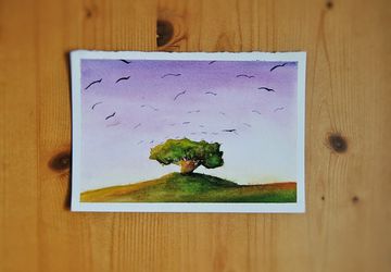 Soft color landscape. Watercolor Illustration. Tree and birds sketch. Home Decor. Nursery. Baby Room
